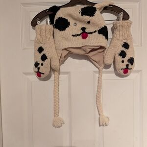 Adorable Cream and Black Dog Knit Hat and Mittens Set